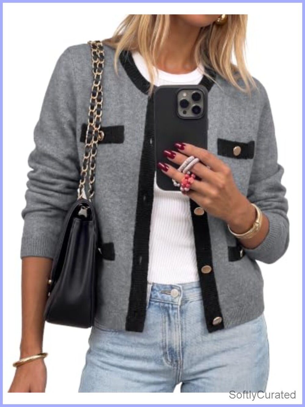 Wool Blend Cropped Cardigan Sweater Button Crew Neck Fall Winter
